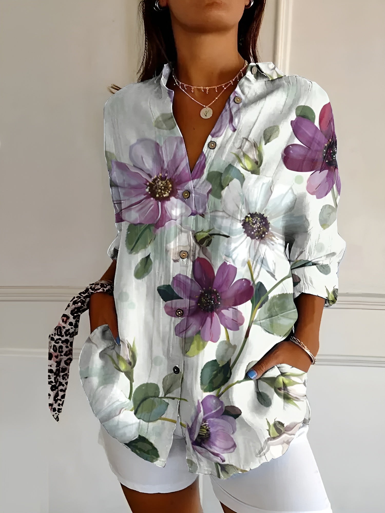 Women’s Artistic Floral Print Button-Up Blouse