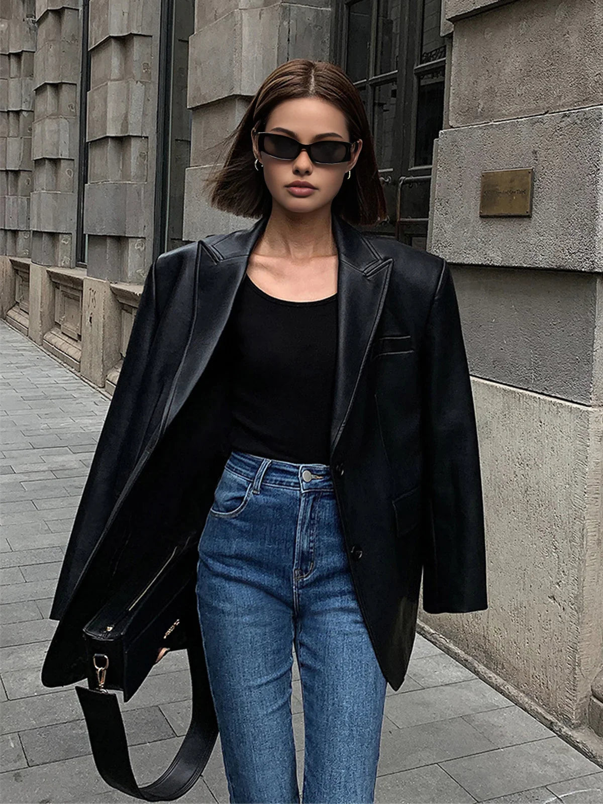 Oversized Faux Leather Blazer Jacket for Women