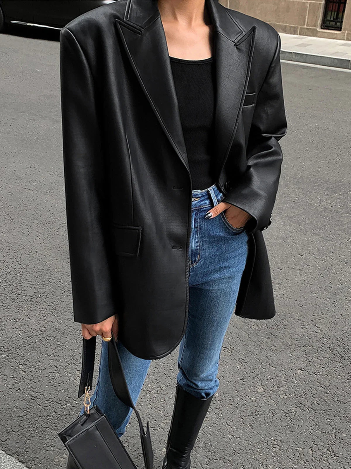 Oversized Faux Leather Blazer Jacket for Women