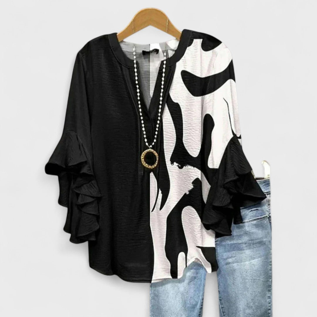 Camicia da donna a fiori con maniche a balze sovrapposte