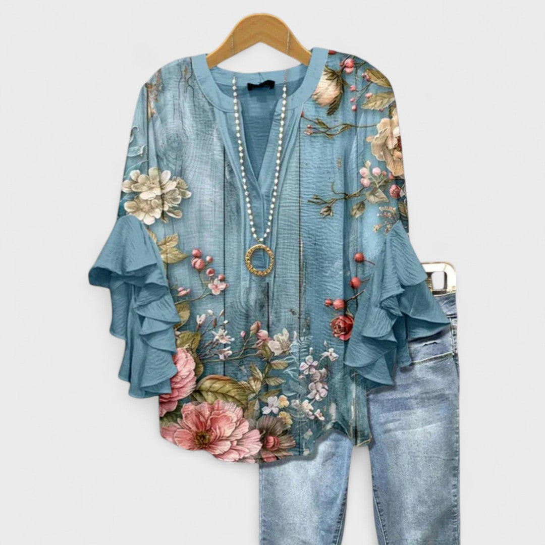 Camicia da donna a fiori con maniche a balze sovrapposte