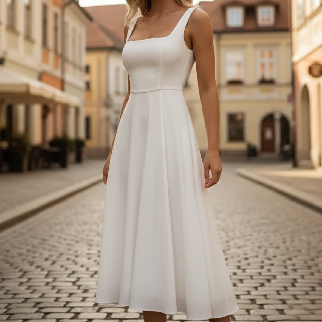 Robe midi blanche sans manches à encolure carrée et coupe trapèze pour femme