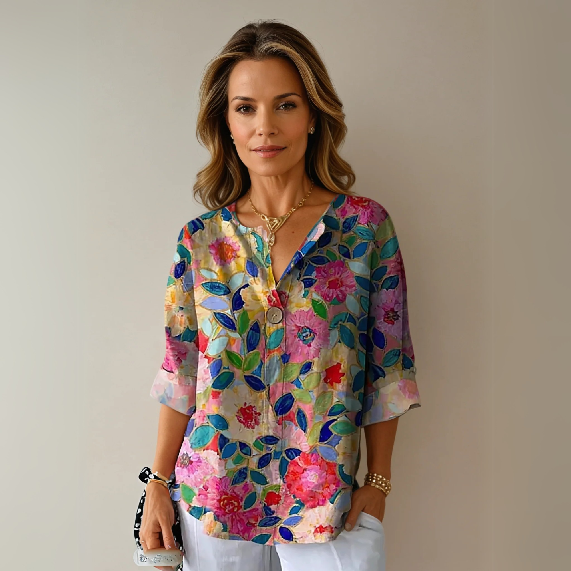 Blouse fleurie à col en V pour femme, coupe ample, style estival