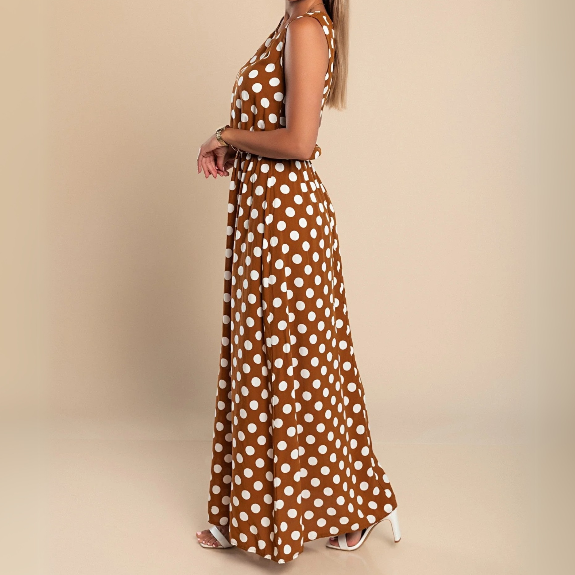 Robe maxi sans manches à pois pour femme avec ceinture à la taille