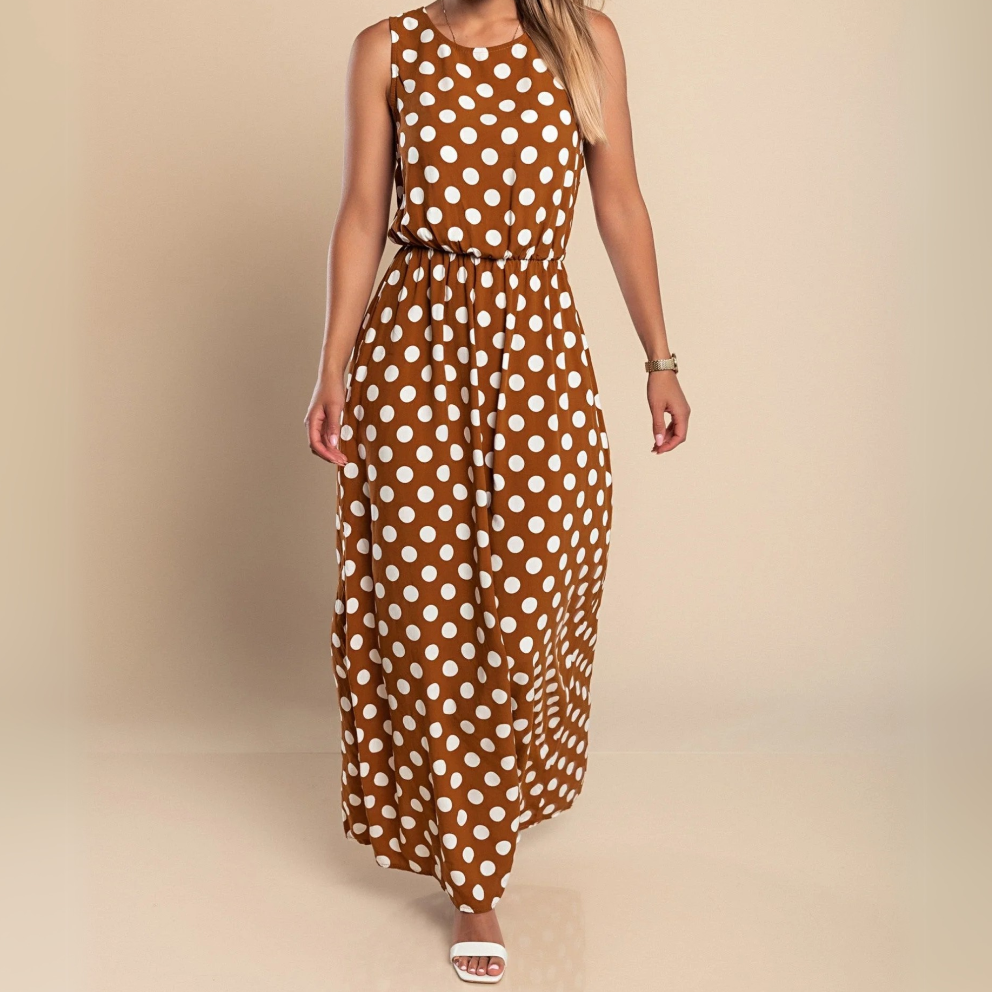 Robe maxi sans manches à pois pour femme avec ceinture à la taille