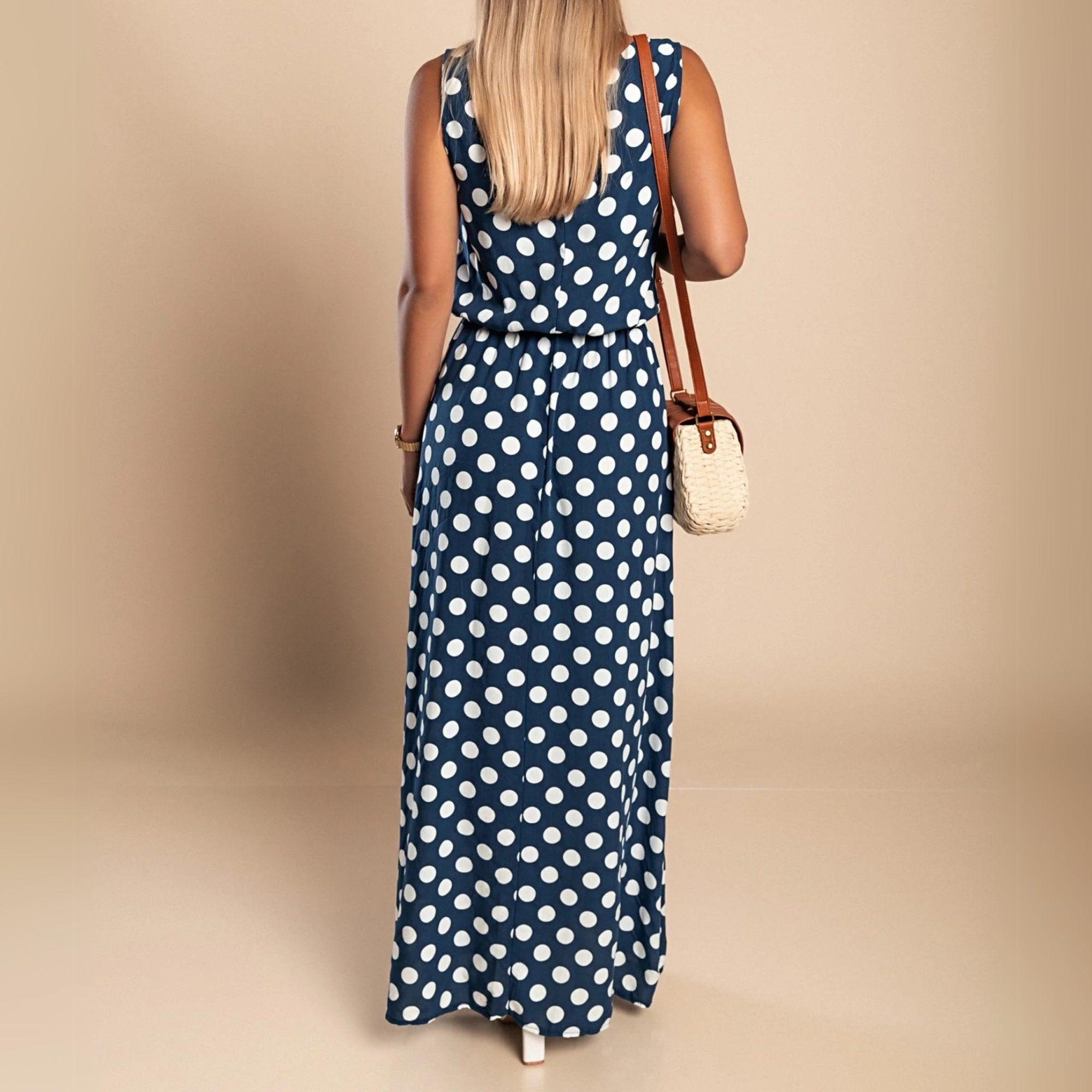 Robe maxi sans manches à pois pour femme avec ceinture à la taille