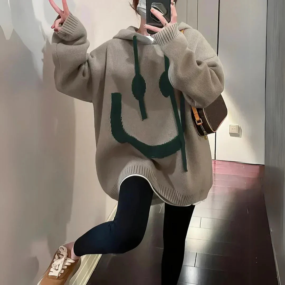 Women's Oversized Smiley Knit Hoodie
