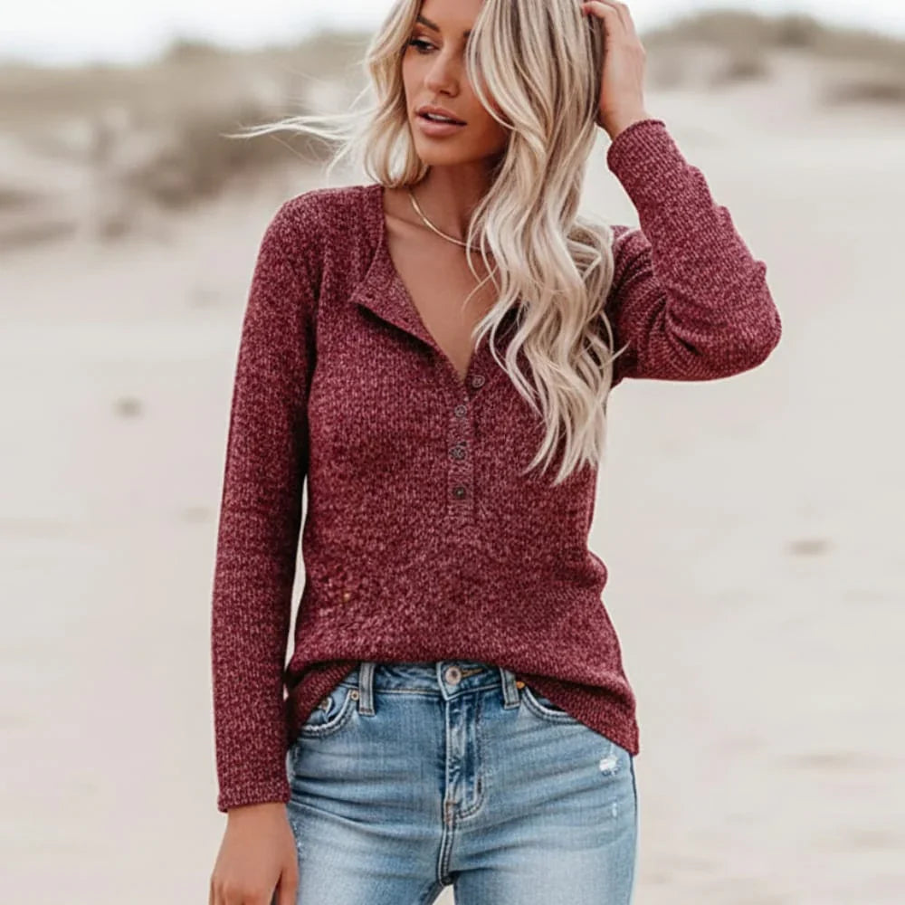 Women's Long Sleeve Button Henley Knit Shirt