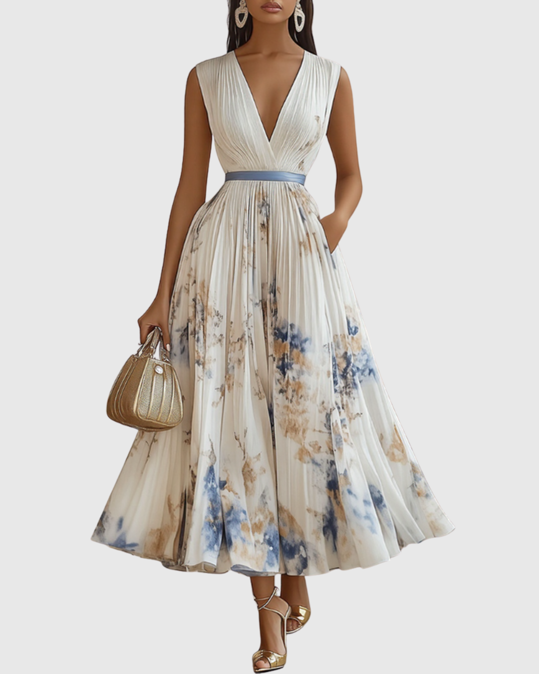 Robe midi élégante pour femme à encolure en V et coupe trapèze