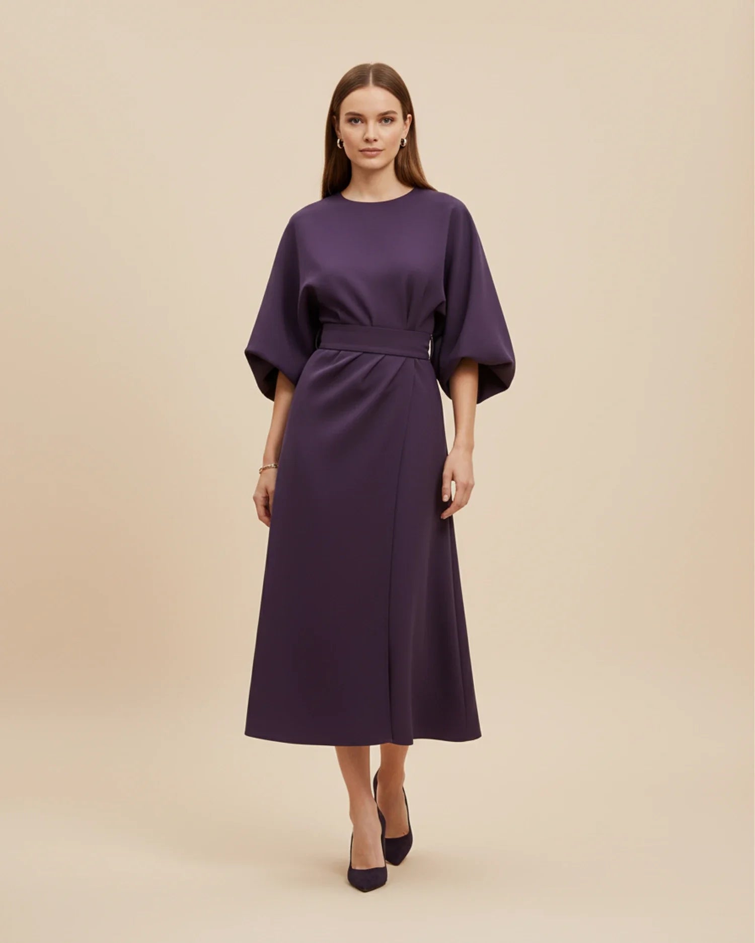 Women's Belted Midi Wrap Dress with Lantern Sleeves