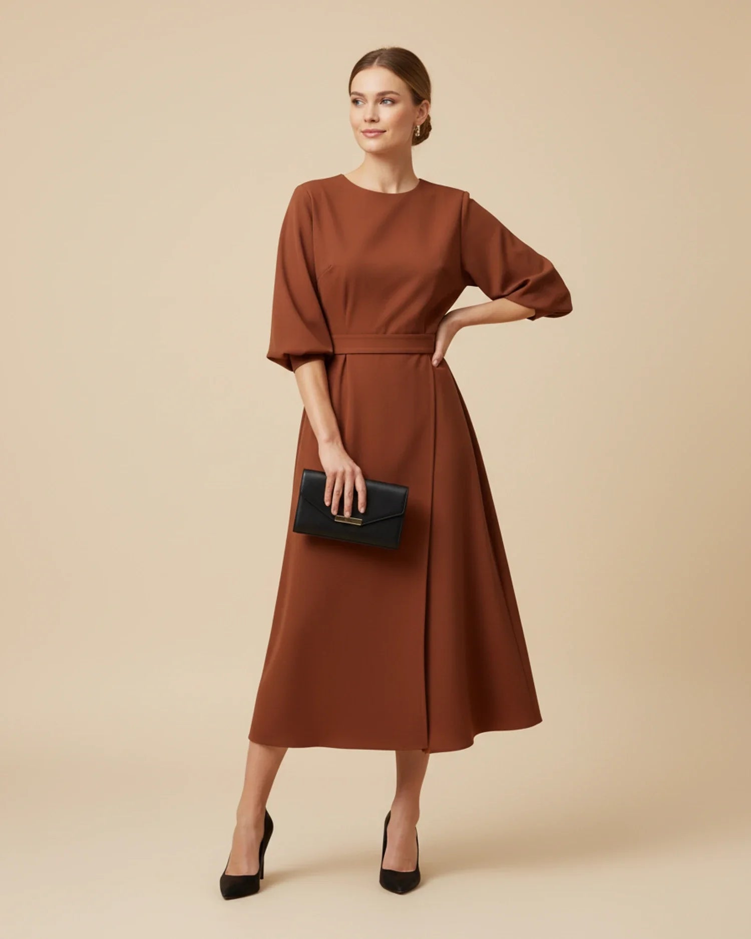 Women's Belted Midi Wrap Dress with Lantern Sleeves