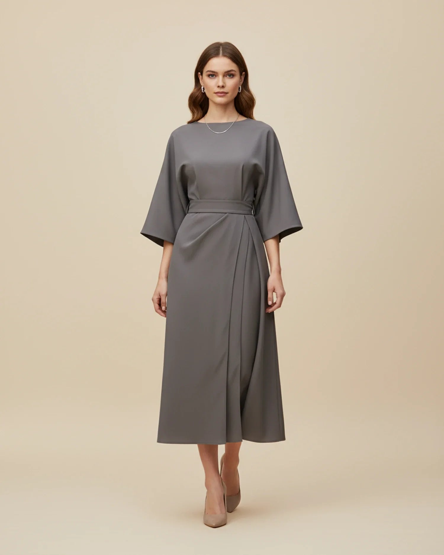 Women's Belted Midi Wrap Dress with Lantern Sleeves