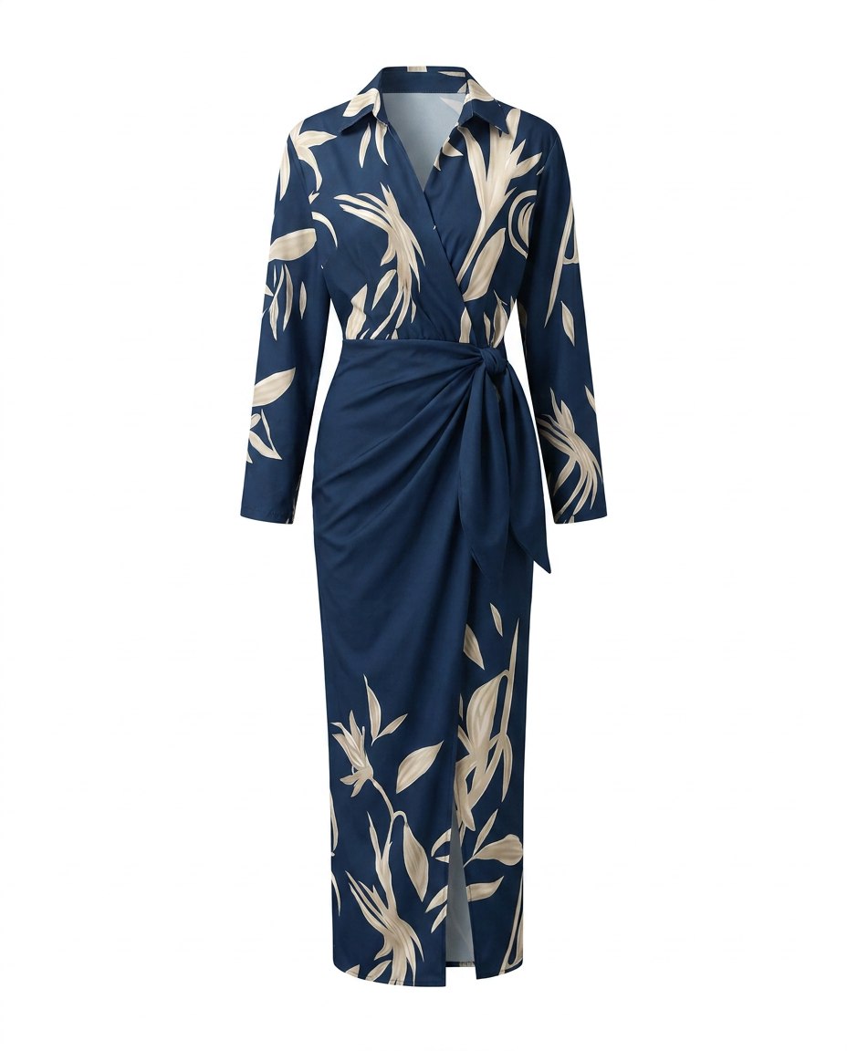 Robe longue portefeuille élégante pour femme à imprimé feuilles avec fente latérale