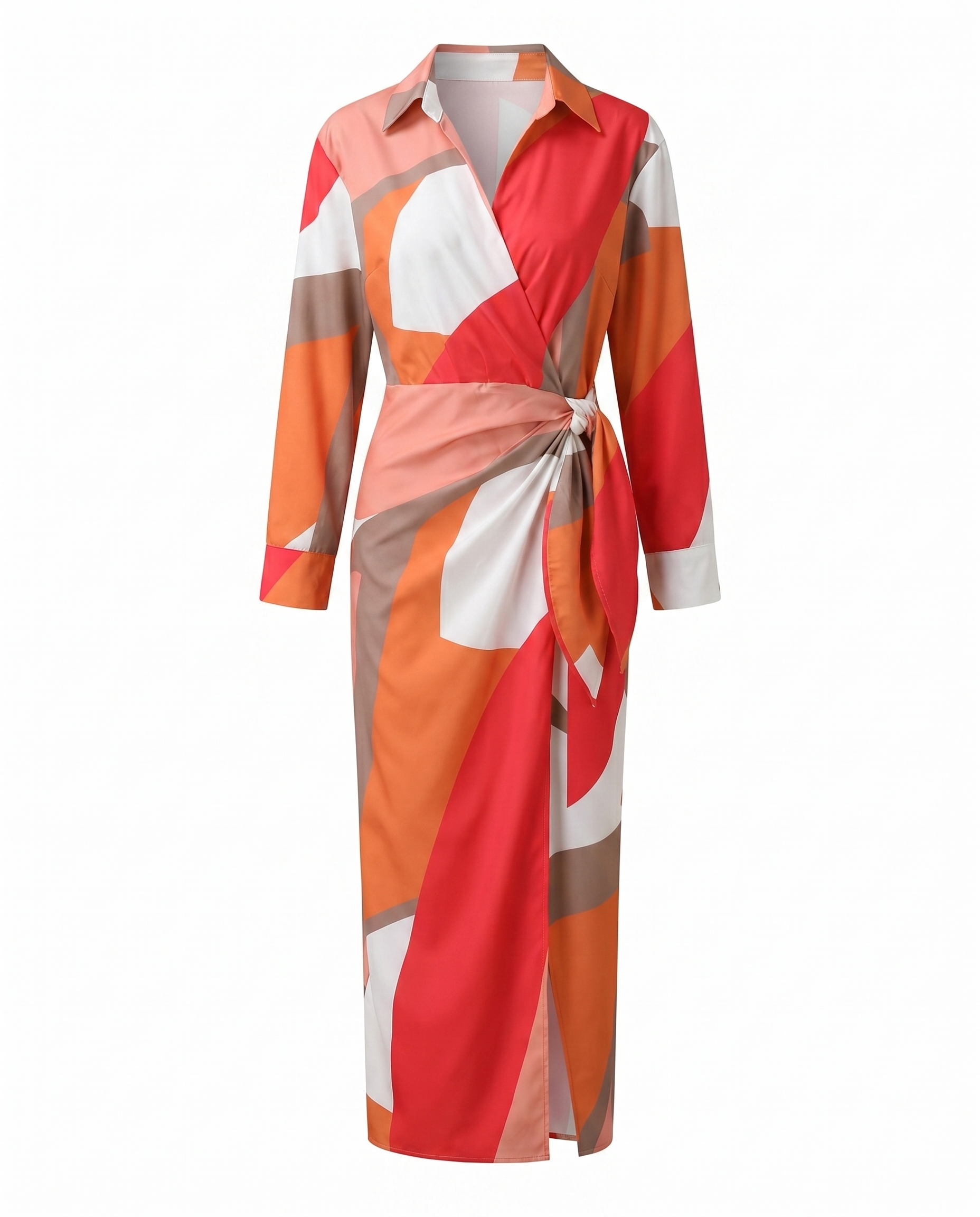 Robe longue portefeuille élégante pour femme à imprimé feuilles avec fente latérale