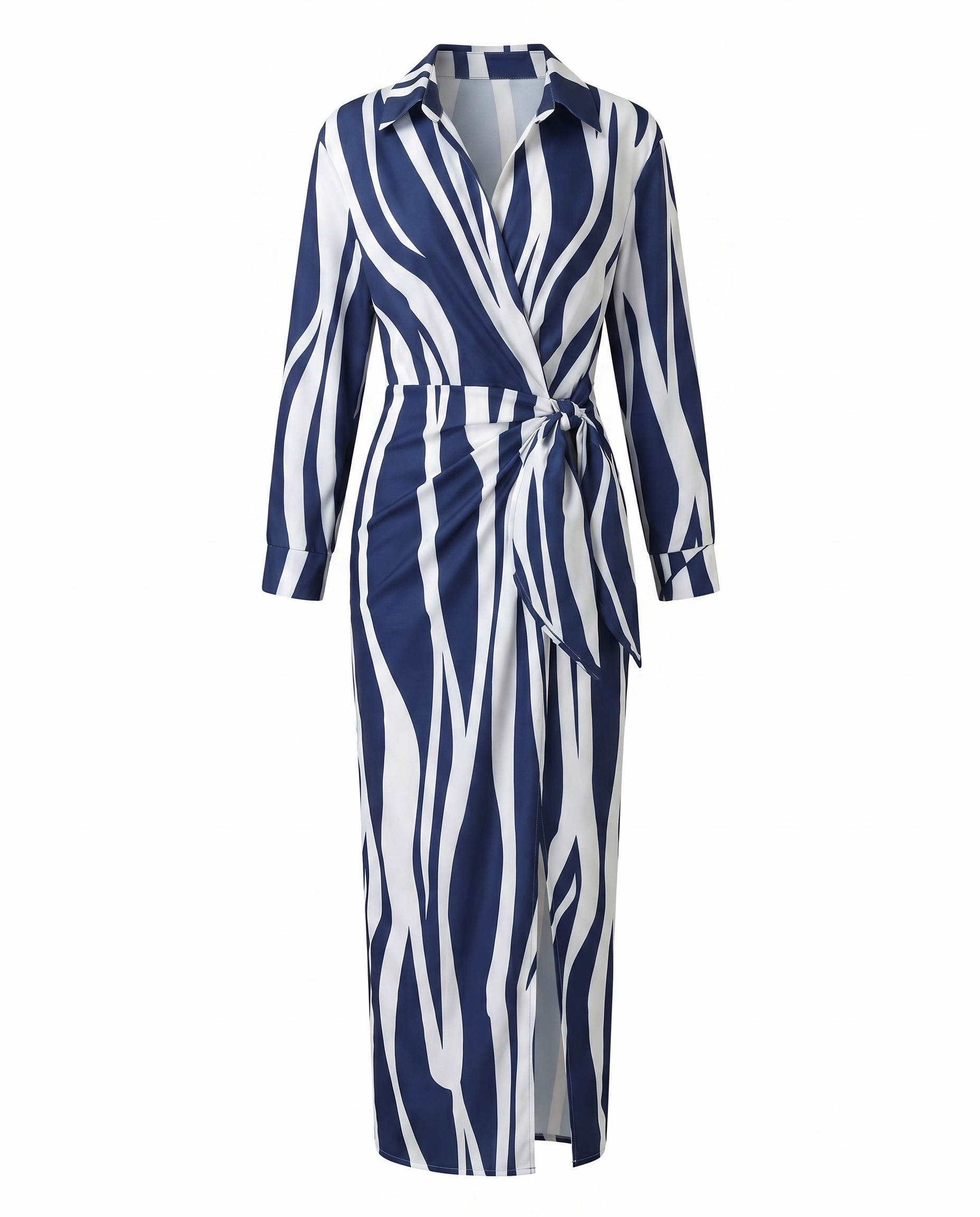 Robe longue portefeuille élégante pour femme à imprimé feuilles avec fente latérale