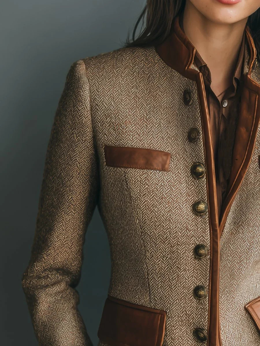 Women's Vintage Tweed Blazer with Leather Trim