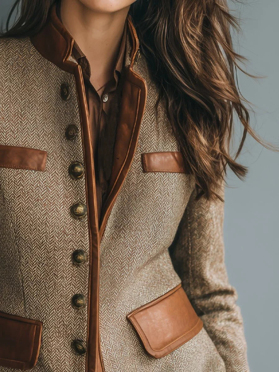 Women's Vintage Tweed Blazer with Leather Trim