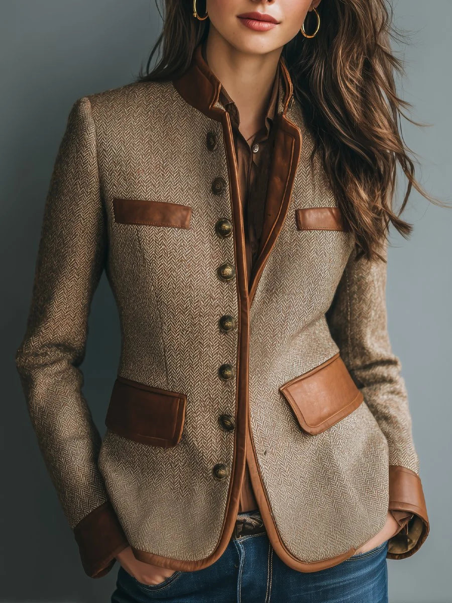 Women's Vintage Tweed Blazer with Leather Trim