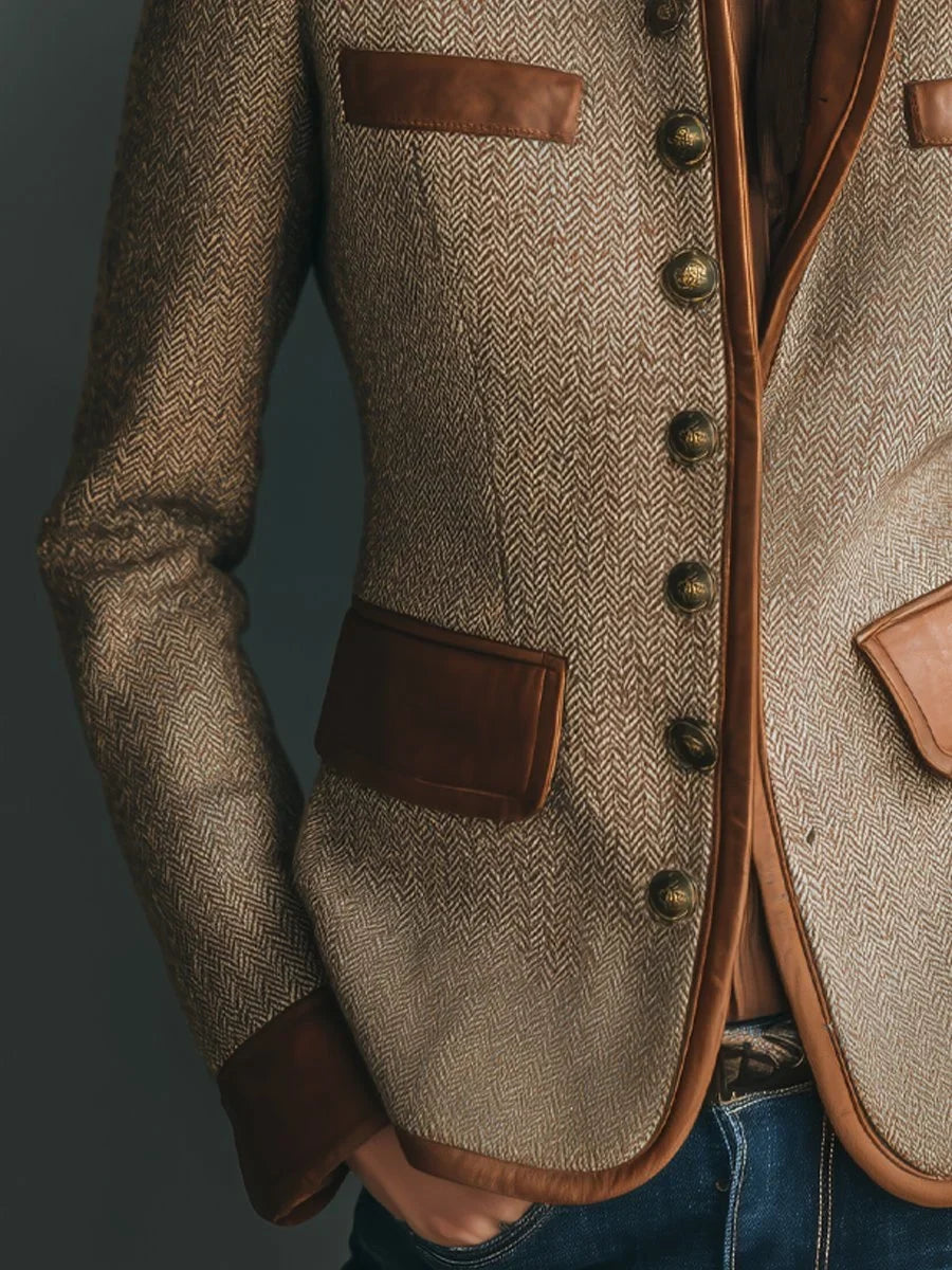 Women's Vintage Tweed Blazer with Leather Trim