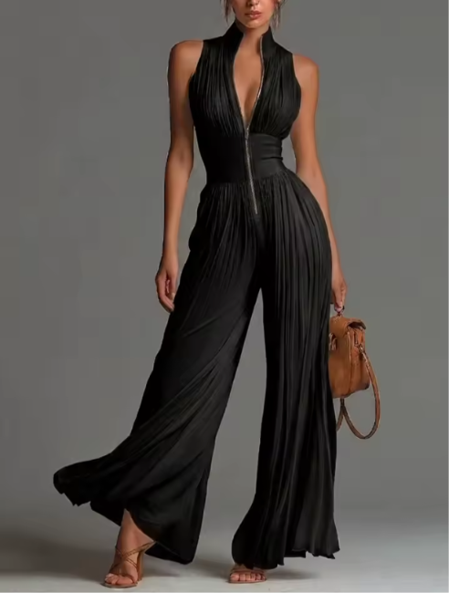 Women's Sleeveless Pleated Wide-Leg Jumpsuit
